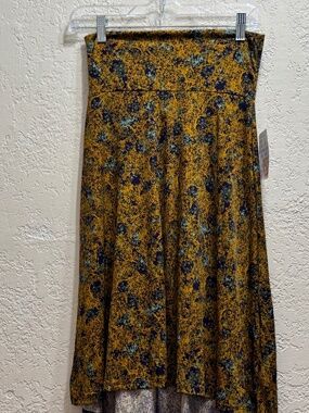 LuLaRoe A-Line Skirt in Mustard with Navy and Teal Floral Pattern